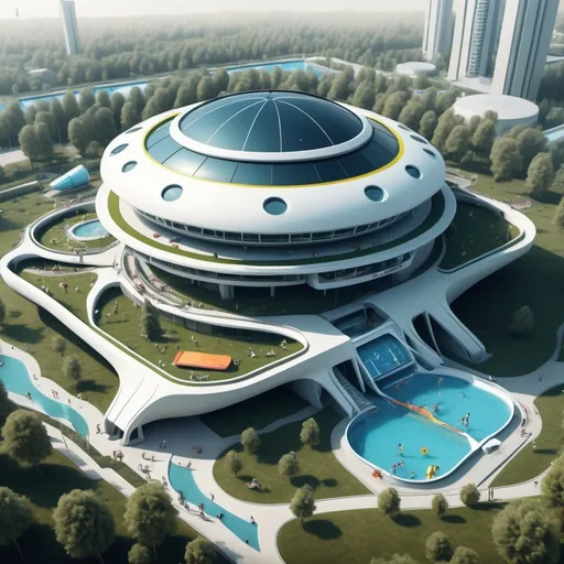 Prompt: a huge bungalow with a huge swimming amusement park, very futuristic, less people and a football field and shot put pit, make it a bit small

