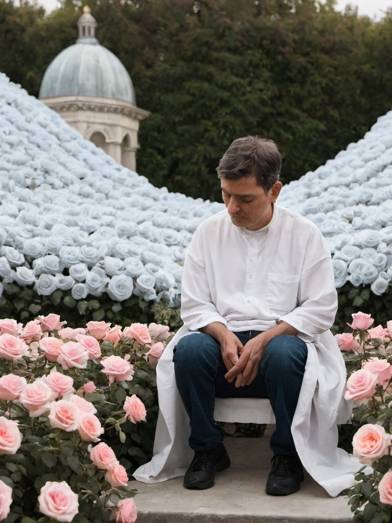 Prompt: A person sitting in heaven among roses