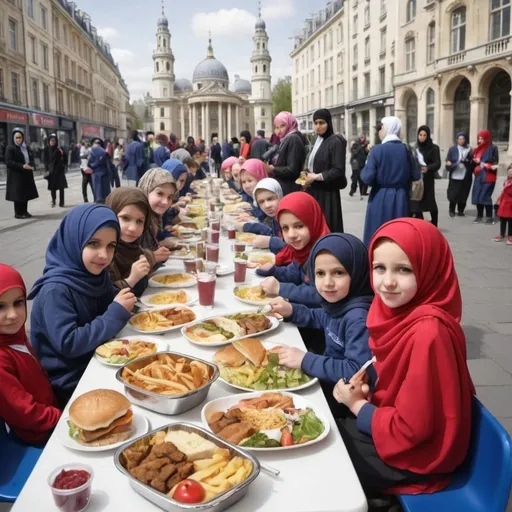 Prompt: Please draw a cartoon with the topic, "Public schools located in large cities in European countries such as the UK and France have unified all lunch menus with halal food!? Lunchtime is becoming a religious battleground."