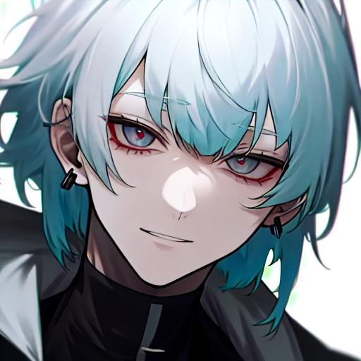 Prompt: Saiko Male (short pure white hair) 8k, UHD, happy, black earrings
