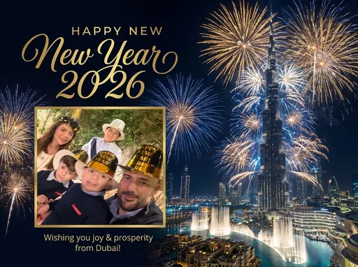 Prompt: I want to create a creative and innovative card for happy new year 2026 with dubai Burj Khalifa background and the pictures. Make out picture as a nice photo.