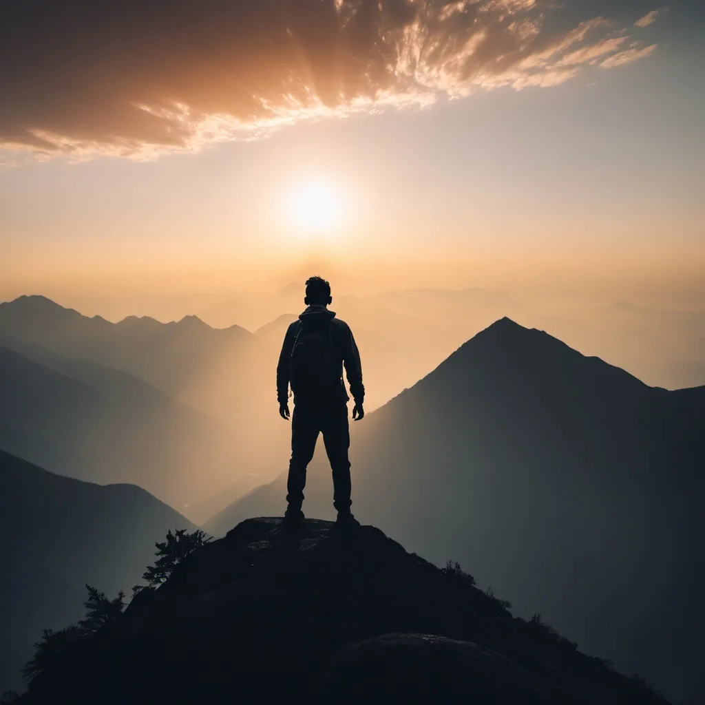 Prompt: A silhouette of a person standing on top of a mountain at sunrise, symbolizing resilience and victory.
