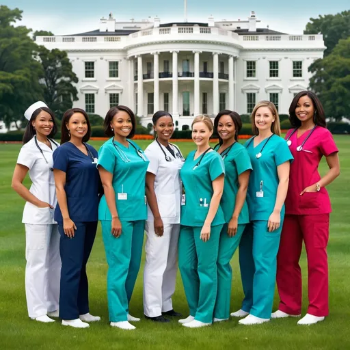 Prompt: Create an image of a diverse group of stylish nurses standing proudly on the lawn of the White House. Each nurse should wear modern, vibrant scrubs in various colors and patterns, showcasing their unique styles. The background should feature the iconic White House, with its grand architecture and lush green lawn. The nurses should be depicted with a sense of confidence and unity, symbolizing their important roles and contributions to society. The scene should be well-lit, capturing the hopeful and empowering atmosphere of the moment.