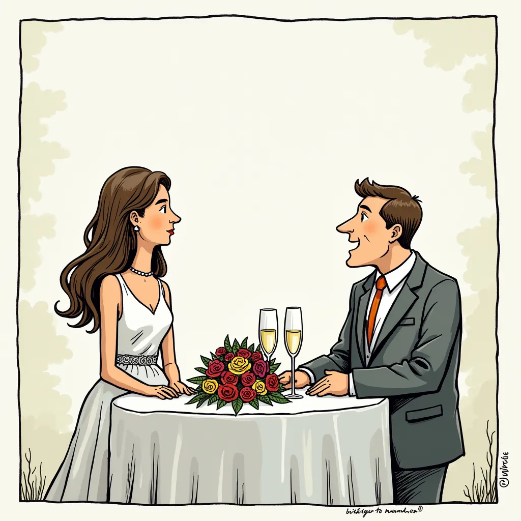 Prompt: make a new yorker style caption contest cartoon for me with the theme of: a guy and girl getting married. generate the illustration