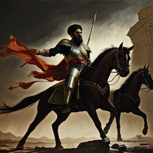 Prompt: Imam Ali in the Battle of Khyber, oil painting, intense action scene, high quality, realistic, dynamic brushstrokes, vibrant colors, dramatic lighting, detailed armor and facial features, historical, epic, traditional style, heroic stance