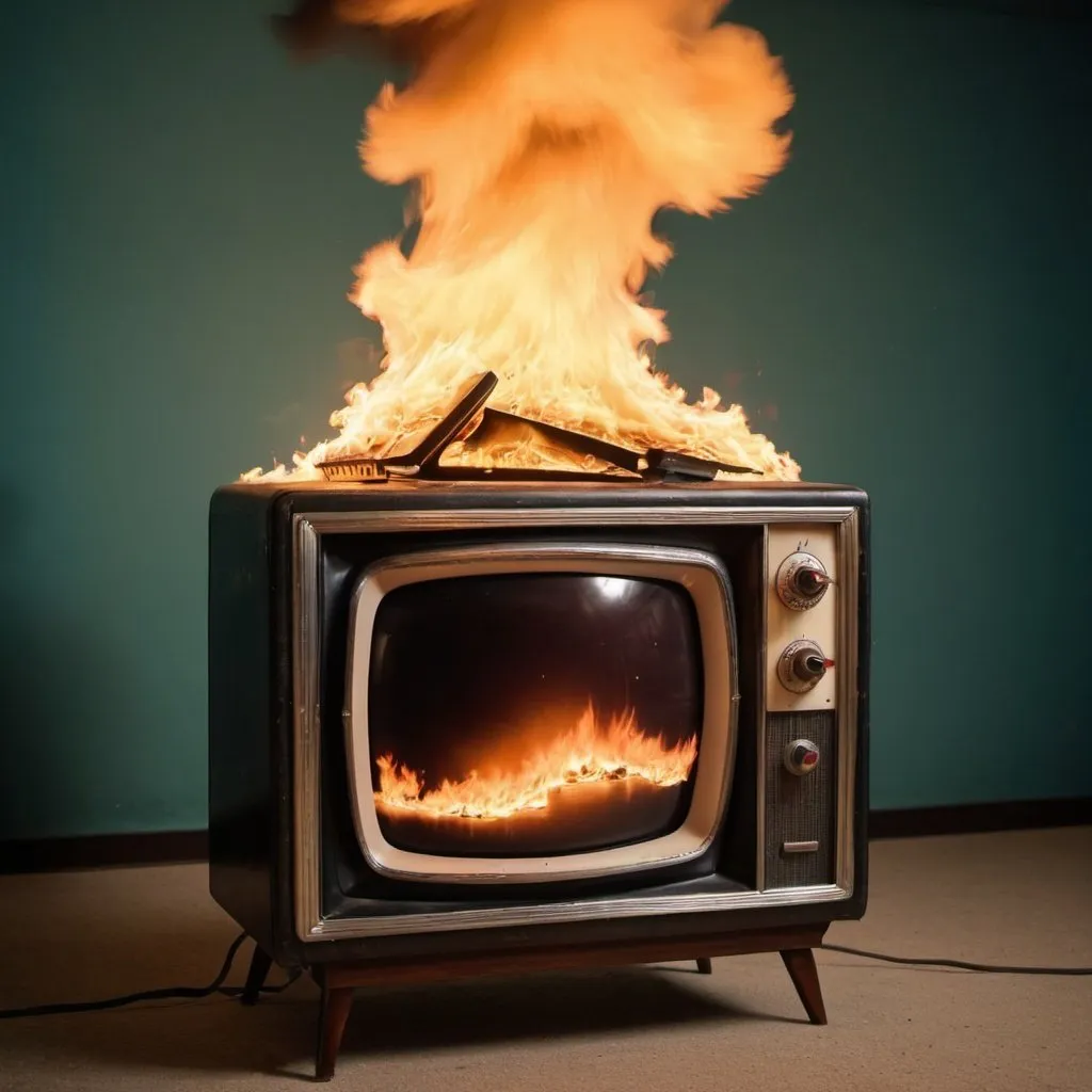 Prompt: 1950's television in flames 
