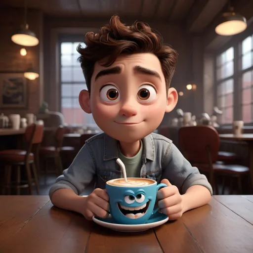 Prompt: Disney pixar character, 3d render style, coffee , cinematic colors