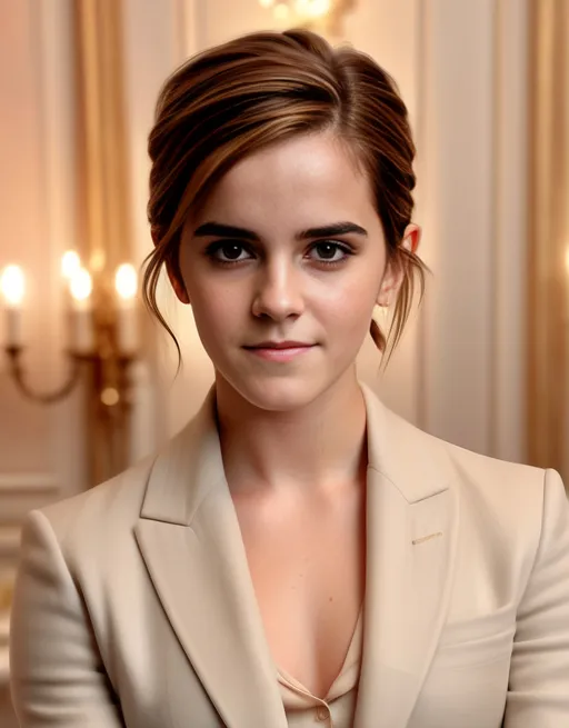 Prompt: Front view of Emma Watson, captivating gaze and soft smile enveloped in warm, golden lighting, elegantly styled with subtle, natural makeup, and wearing a chic, sophisticated outfit, set against a serene, blurred background of soft pastel hues, invoking a gentle and inviting atmosphere, ultra-detailed, high-quality, photorealistic render.