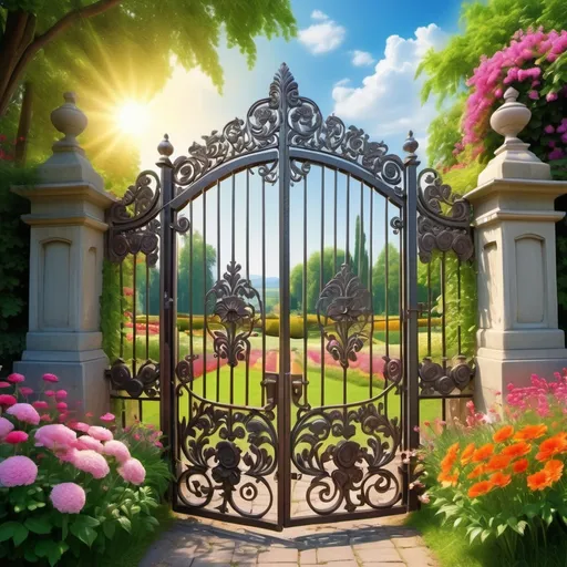 Prompt: huge ornate iron opened gate, beautifully carved details, beyond  this gate expansive field of vibrant flowers, various colors and species, sunlight illuminating the scene, peaceful atmosphere, summer ambiance, lush greenery in the background, blooming petals softening the setting, ultra-detailed, high-quality image, calm and inviting mood, evoking feelings of wonder and serenity