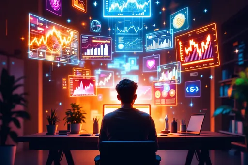 Prompt: A futuristic digital workspace with floating screens displaying high-income skills: graphic design, video editing, coding, stock market analysis, and social media marketing. A young man is sitting at the center, typing on a laptop with holographic financial graphs rising around him, symbolizing success and growth."

➡ Style: Cyberpunk-inspired, futuristic, vibrant colors
