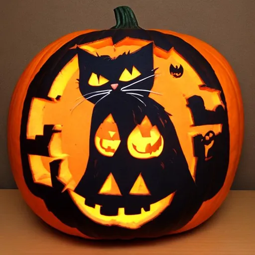 Prompt: Black cat in a Halloween pumpkin