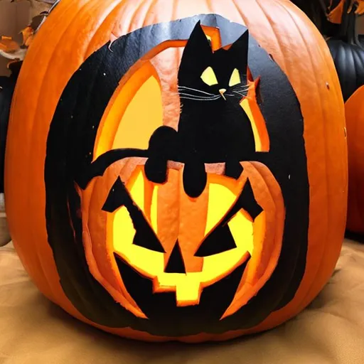 Prompt: Black cat in a Halloween pumpkin