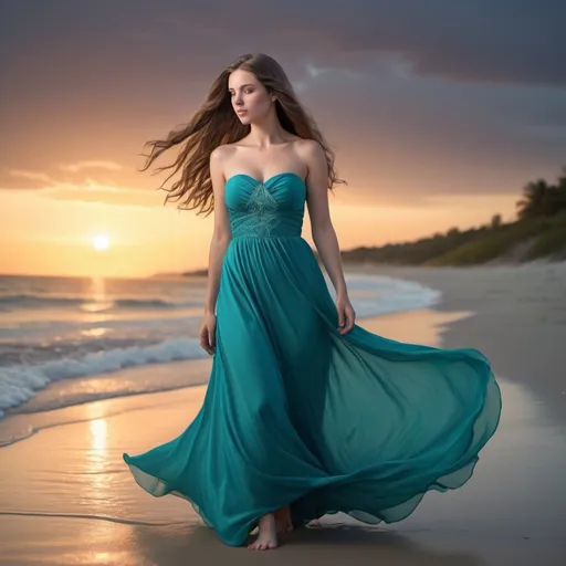 Prompt: 6-foot tall white girl with long brunette hair, teal colored strapless dress, beach at sunset, high quality, realistic, vibrant color tones, sunset lighting, detailed hair, flowing dress, serene atmosphere