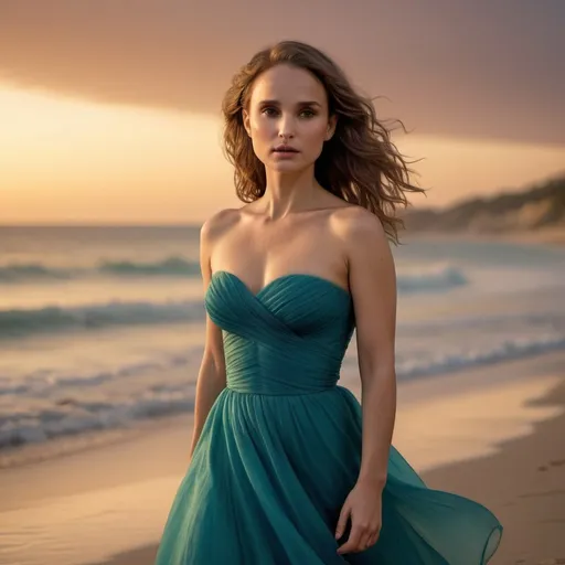 Prompt: natalie portman in  teal colored strapless dress, beach at sunset, high quality, realistic, vibrant color tones, sunset lighting, detailed hair, flowing dress, serene atmosphere