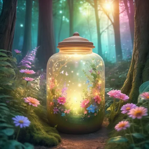 Prompt: Fairy jar in a dreamy forest clearing, enchanting glow emanating from the jar, lush foliage and colorful flowers surrounding the scene, high quality, digital illustration, fantasy, dream-like, pastel tones, soft and warm lighting