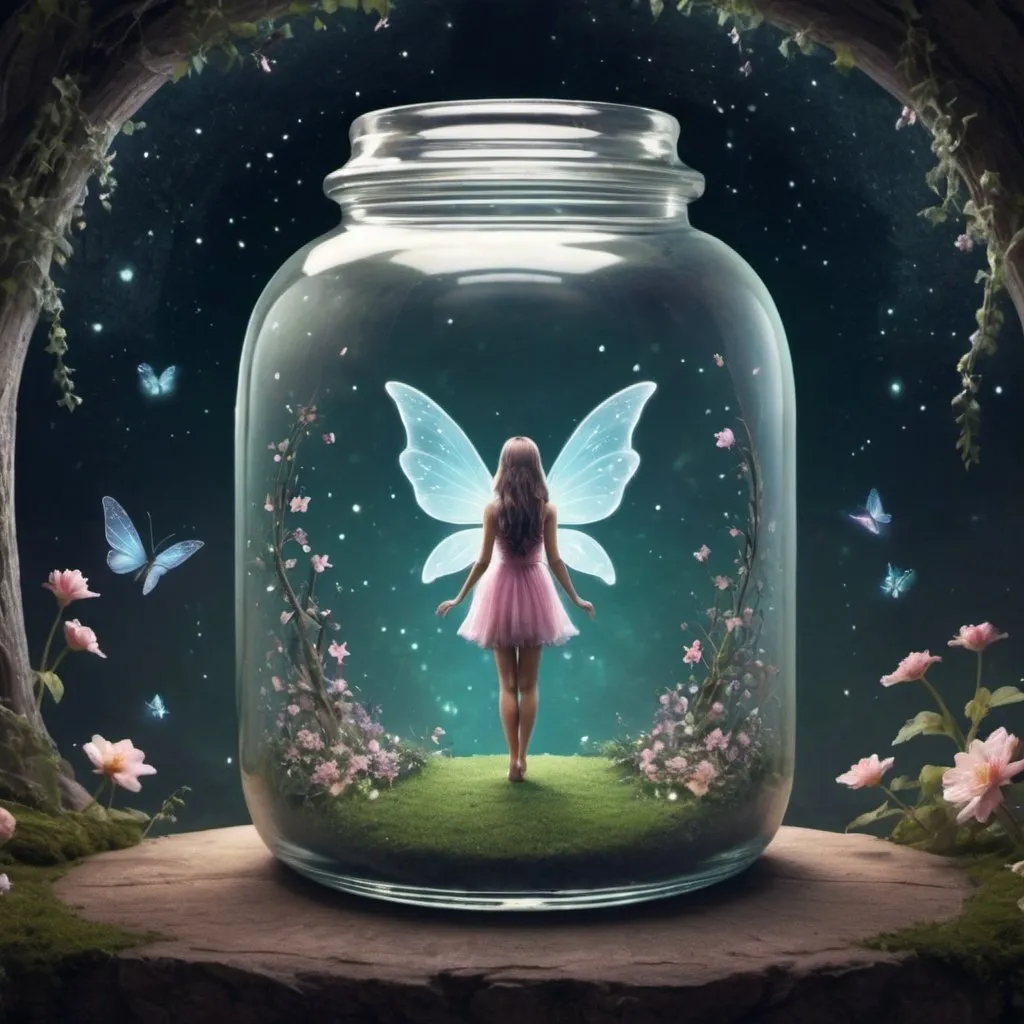 Prompt: Pretty background with a GIANT FAIRY JAR composing most of the space and a space to stand in the middle 500x500 pixels