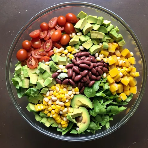 Prompt: Salad ( Avocados, beans, corn, tomatoes, squash) all mixed and chopped