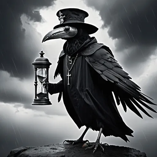 Prompt: plague doctor, crow wearing crown flying with an hourglass, thunderstorm, menacing, terrifying, evil, rain, black and white