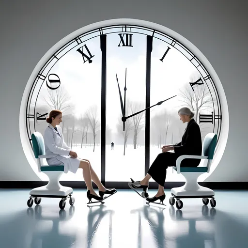 Prompt: 1. ice skating (to convey the idea that patients stop waiting -> it is always better to slide, thus ensuring a greater flow of care). A feminine leg is also always eye-catching.

2. hourglass (image evident with the title itself)

3. several clocks (each clock is a patient who needs to be attended to. also evident from the title itself)

4. two chairs with a good landscape (refers to the dialogue between the two people, about a much brighter and more meaningful idea of ​​the future (better health).