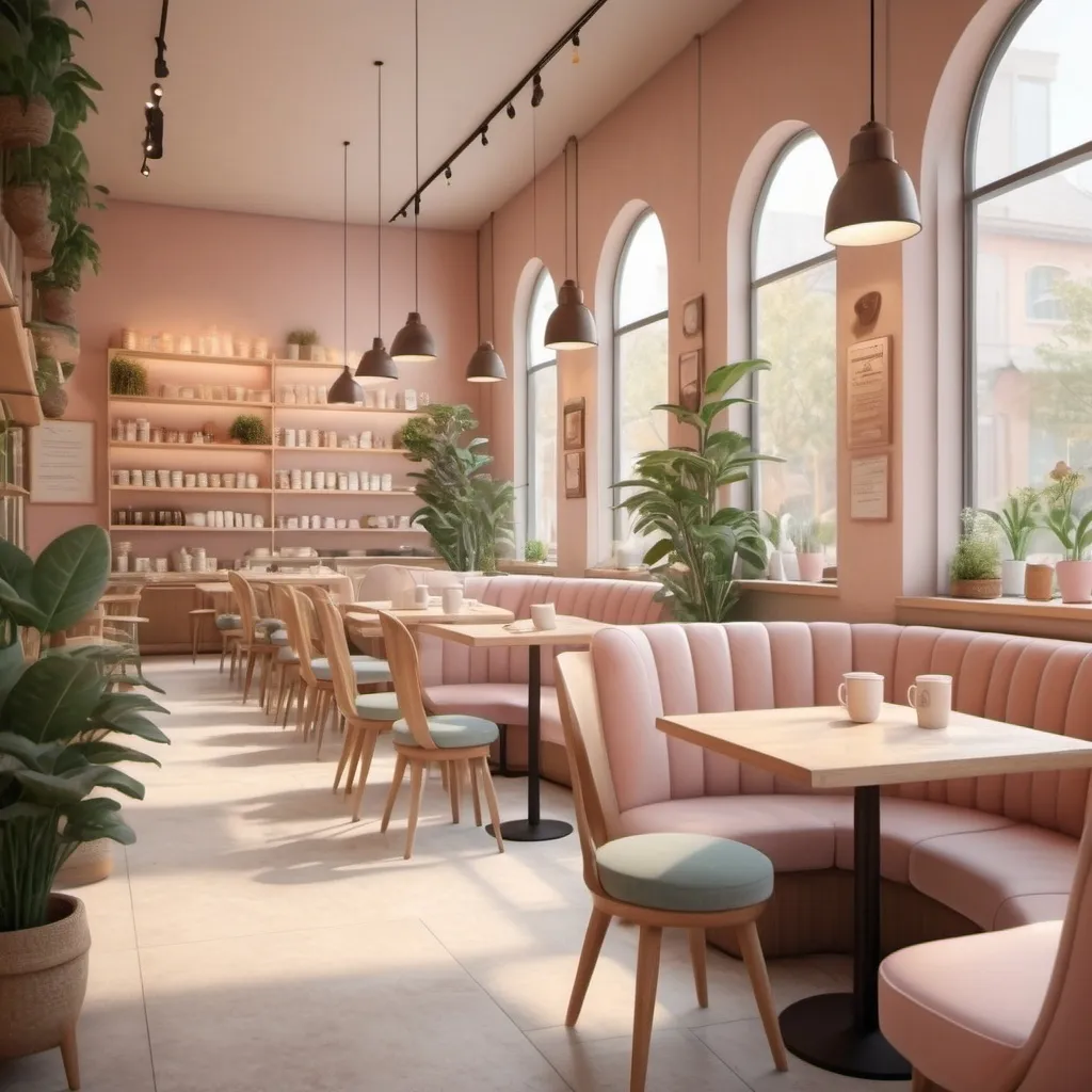 Prompt: (realistic interior space), cozy coffee shop, natural light, warm pastel colors, elegantly illuminated, inviting atmosphere, cozy ambience, (biomimicry design elements), inspired by nature, Fibonacci sequence patterns, harmonious layout, comfortable seating, soft textures, adorable displays, modern yet welcoming vibe, ultra-detailed, high quality, 4K.