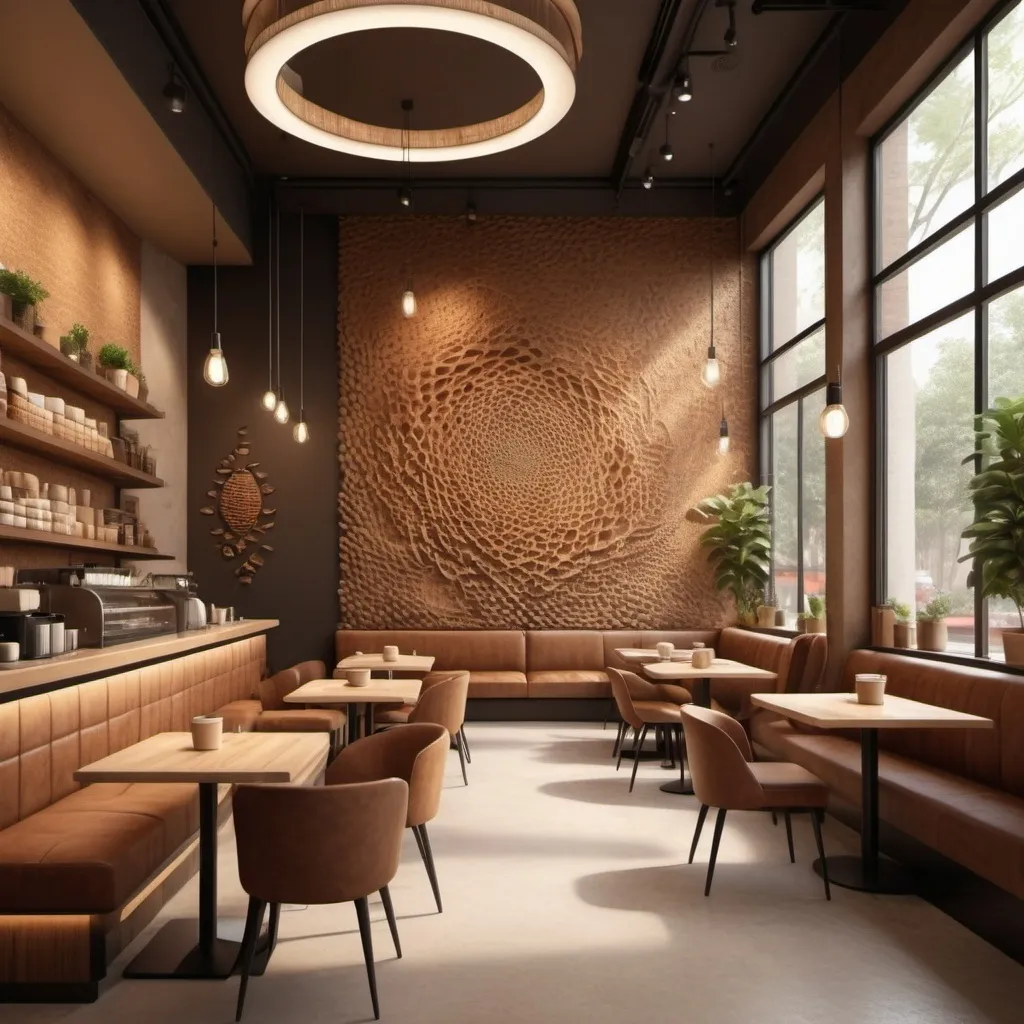 Prompt: (realistic interior space), cozy coffee shop, natural light, warm earth colors, elegantly illuminated, inviting atmosphere, cozy ambience, (biomimicry design elements), inspired by nature, Fibonacci sequence patterns, harmonious layout, comfortable seating, soft textures, adorable displays, modern yet welcoming vibe, ultra-detailed, high quality, 4K.