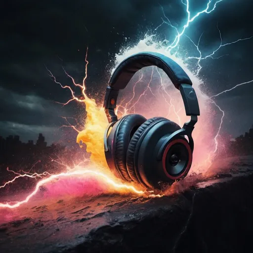 Prompt: CREATE A COVER ART IMAGE . A VIBRANT EVERGETIC SOUND THAT THUNDERS OUT OF SPEAKERS BREAKING ENVIRONMENTS