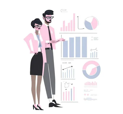 Prompt: Cool and fun hipster-style illustration of a young man and woman presenting a business report with graphs, black and white with light pink accents, detailed facial features, sleek design, professional, hipster style, cool tones, business presentation, high-res, detailed drawing, modern, light pink accents, monochrome, stylish attire, atmospheric lighting