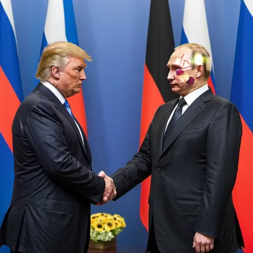Prompt: Donald trump and Vladimir putin in a summit with "End War in Ukraine'' banner in the background, both leaders agreeing to end war in Europe 
