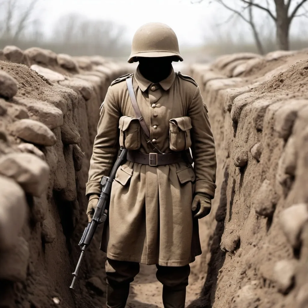 Prompt: Faceless soldier in the trenches