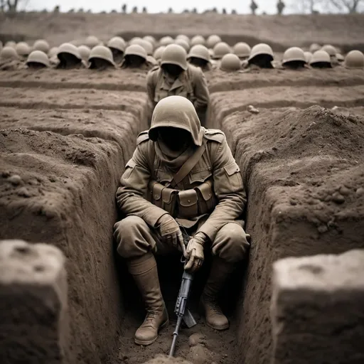 Prompt: Faceless soldier in trenches, surrounded by dead faceless