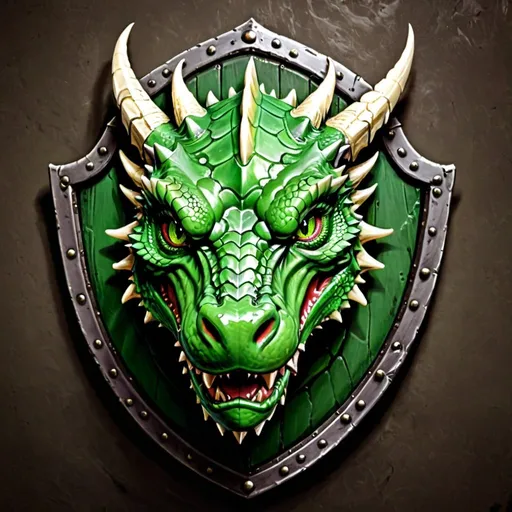 Prompt: Green dragon head mounted on a shield