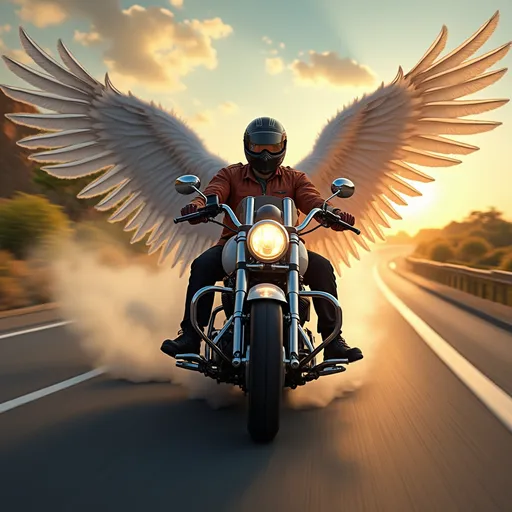 Prompt: Can you creat a motorcycle driver with wings on the road to heaven
