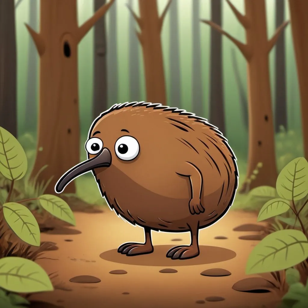 Prompt: a small brown cartoon kiwi walking in the forest looking sad