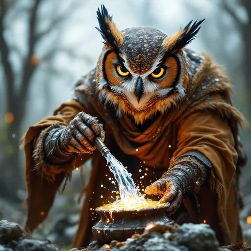 Prompt: A man with owl characteristics pouring molten silver. 