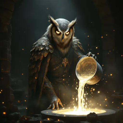 Prompt: In a dimly lit foundry, shadows dance against the stone walls, illuminated by the flickering glow of molten silver cascading from a large ladle. In the midst of this ethereal scene stands a man bearing the striking features of an owl—his large, luminous eyes gleam with wisdom and an otherworldly sheen, while feather-like textures adorn his skin, shimmering in hues of deep browns and silvers. He is poised gracefully, with one arm outstretched, delicately pouring the liquid metal, which flows like liquid moonlight, creating a juxtaposition of warmth and coolness. Wisps of fog swirl around him, catching the glimmers of silver as they rise, lending an enchanted atmosphere to the scene. This moment feels both mystical and intense, as if capturing the essence of magic in a surreal, dark fantasy illustration.
