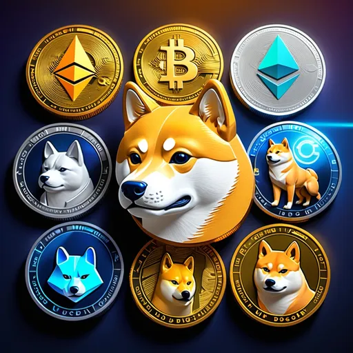 Prompt: USDC coin, Bitcoin, Ethereum, Dogecoin, Shiba Inu coin, vibrant display of cryptocurrency coins together, each coin distinct with detailed textures and designs, set against a high-tech, futuristic digital background, luminous colors highlighting technology and finance, high-quality, ultra-detailed, visually striking, modern ambiance showcasing the dynamic world of digital currencies, <<THE_MARKER>> cryptocurrency showcase.
