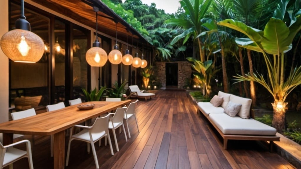 Prompt: Wooden floors cover the yard, stone streams, tropical plants, tables and chairs, cozy lamps