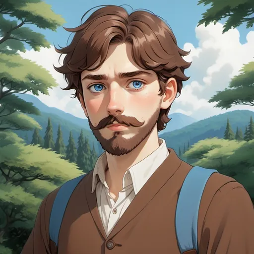 Prompt: ghibli style: white boy, blue eyes, brown hair, brown mustache and  medium beard, polish, very tall