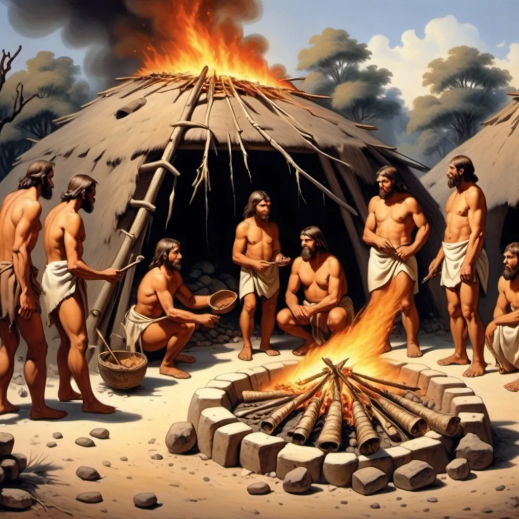 Prompt: In the Paleolithic Age, 8 primitive people burned food with fire. There were houses, the sun had sunshine