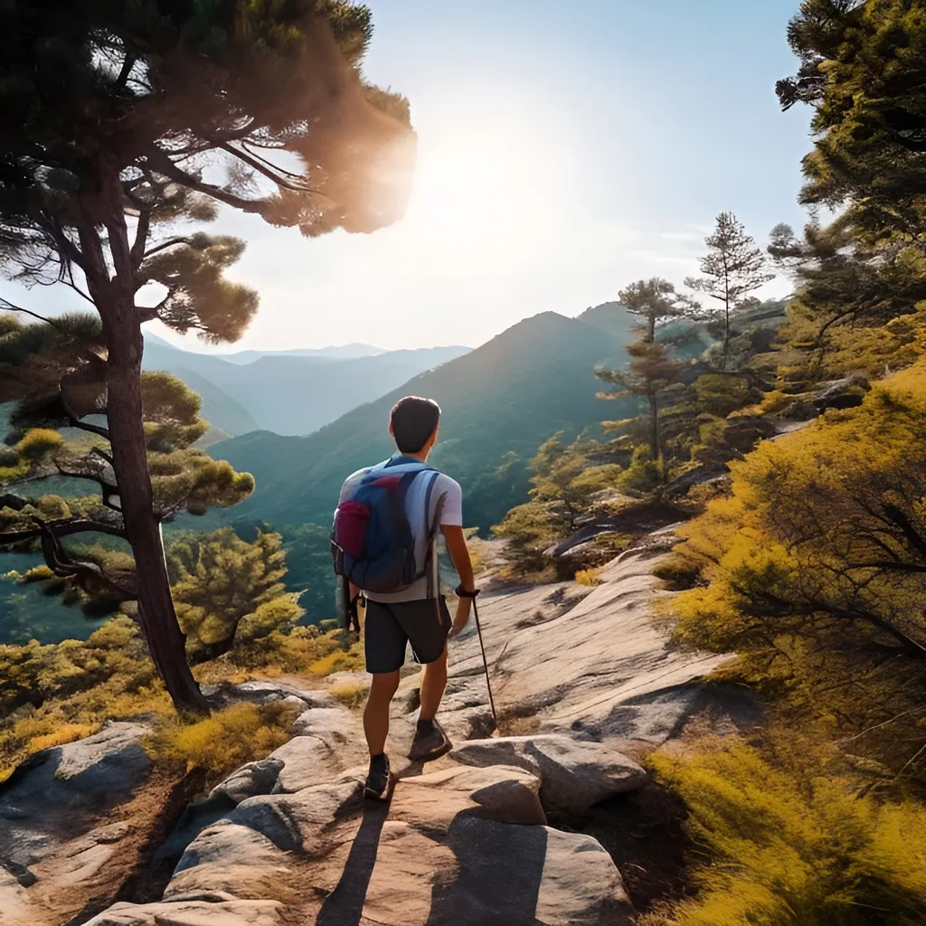 Prompt: Asian male is hiking facing camera