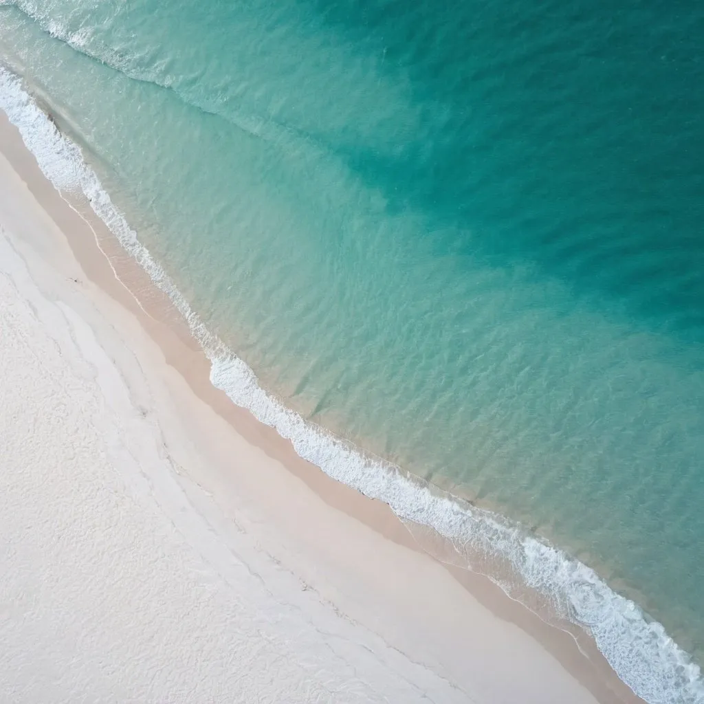 Prompt: turquiose sea and white sand shore line aerial view vertical
