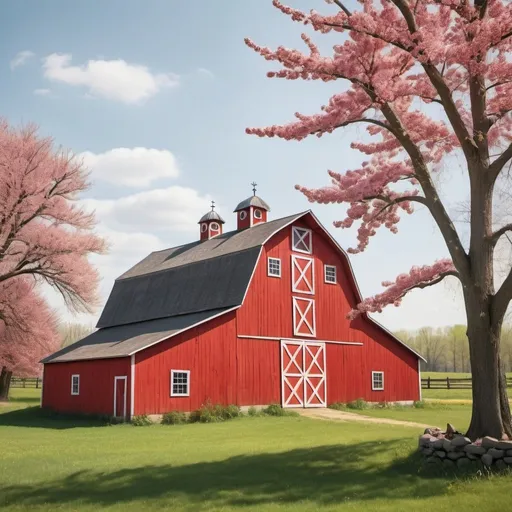 Prompt: an ultrarealistic vintage red barn during spring