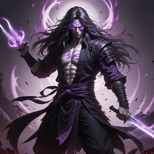 Prompt: a shadow warrior, with long hair, badass expression, possessed white eyes, purple aura emanating from his blade, black clothes detailed with black mana around his body