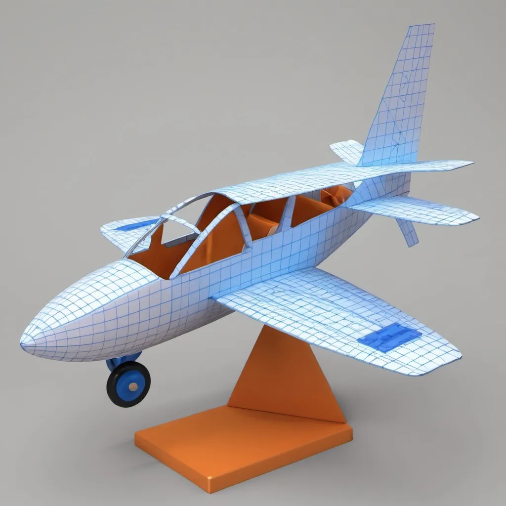 Prompt: Create a model of an  airplane scheme mounted on a stand. The stand is made out if prism, cone, pyramid and cylinder