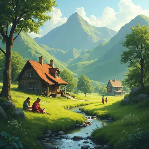 Prompt: There was a small village surrounded by hills as big as Mountains. The Green Grass was soft.A stream ran through the village. There were families sitting around inside the house, by the fire. Mum was holding her sons hand as she read stories, Her friends were here too.
There was a lady walking around the village holding her daughter's hand.
