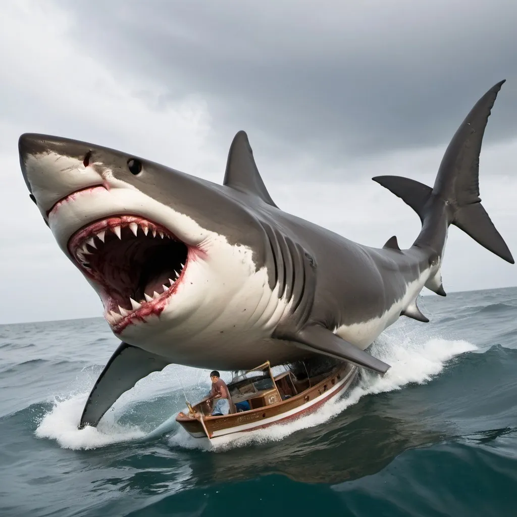 Prompt: A smal coastal tonn is attacked by a shark so big it can eat a boat