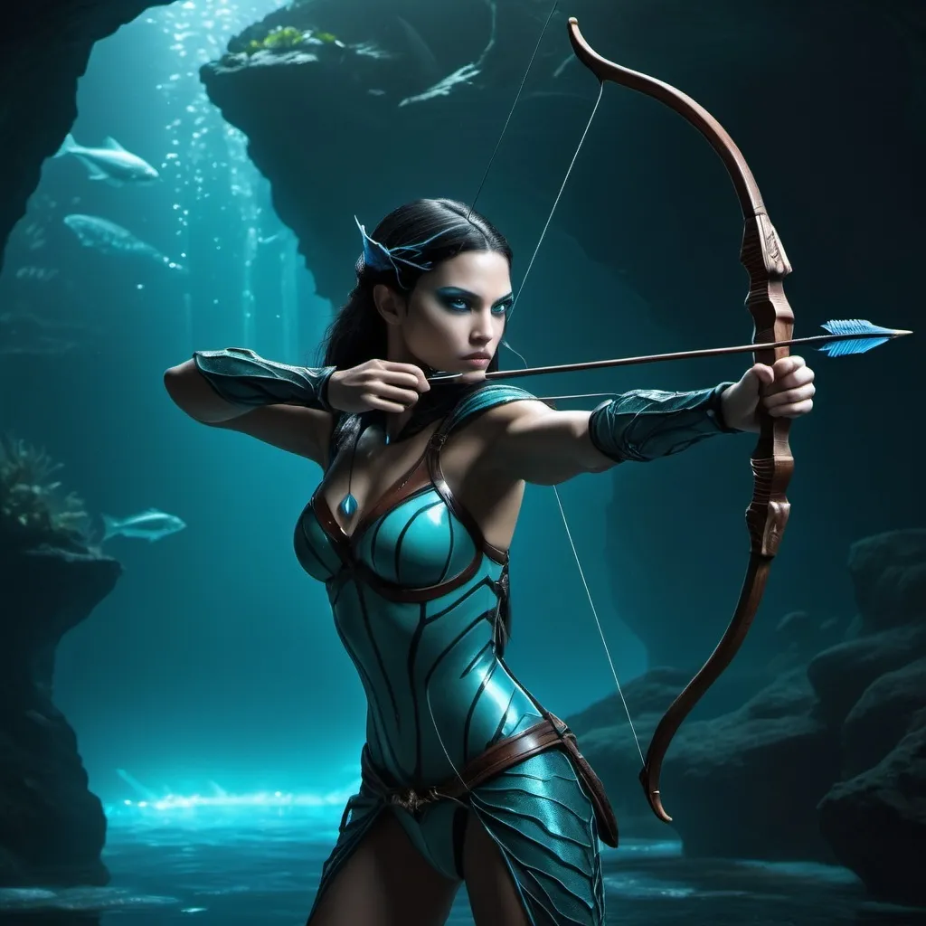 Prompt: Create a photorealistic image of an Aqua Vampire Archer. The vampire is an elegant, nocturnal creature with a pale blue complexion and webbed fingers. The setting is an underwater cave, with bioluminescent marine life providing a soft glow. The archer holds a sleek, water-infused bow with arrows that shimmer with a magical blue light. The background shows flowing water currents and distant marine creatures. The archer is poised to shoot, and the arrow appears to be changing direction mid-flight. Image type: photorealistic. Art styles: hyper-realism, cinematic, fantasy. Inspirations: Avatar by James Cameron, Aquaman by James Wan. Lighting: soft bioluminescent glow. Camera: close-up shot. Render: ultra-high resolution, 4K.
