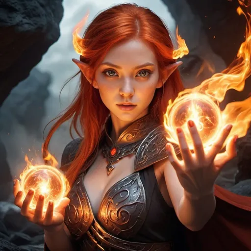 Prompt: [photorealistic, fantasy, detailed]
Subject: A powerful Flare Elf Mage with fiery red hair and glowing ember eyes, casting a fireball spell. Flames and magical energy swirl around her hands.
Environment/Background: A mystical volcanic cavern with glowing runes and lava pools.
Art Style: Realistic fantasy, inspired by Ruan Jia and Sakimichan, with focus on magical effects and ethereal beauty.
Lighting: Mystical, fiery lighting with glowing runes and reflections.
Camera: Close-up shot, emphasizing the intensity and concentration of the mage.
Render: Ultra-high resolution, sharp details, and realistic lighting effects.

Keywords: Flare Elf Mage, fireball spell, mystical volcanic cavern, magical effects, ethereal beauty, realistic fantasy, Ruan Jia, Sakimichan, fiery red hair, ember-glowing eyes.
