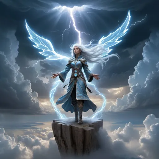 Prompt: A photorealistic image of a Sky Elf mage, an enchanting figure with long, flowing silver hair and luminescent light blue wings, standing on a precipice of a floating island high above the clouds. The mage, adorned in robes that flutter gently in the wind, raises their hands to summon powerful air spells. A swirling vortex forms around them, with crackling energy and miniature tornadoes dancing at their fingertips. Lightning streaks across the sky, illuminating their intense expression and casting dramatic shadows. The floating city is visible in the distance, its towers piercing through the clouds, highlighted by the occasional flash of lightning. The image is filled with magical energy and atmospheric tension. Art styles: photorealism, fantasy, mystical. Lighting: stormy, dramatic highlights. Camera: epic wide shot. Resolution: 8k, ultra-detailed.
