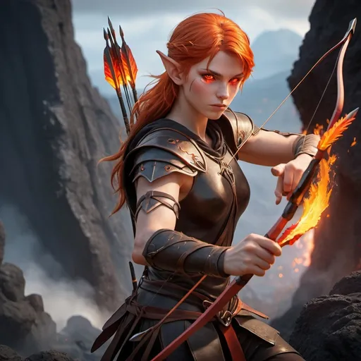 Prompt: [photorealistic, fantasy, detailed]
Subject: A tall, slender Flare Elf Archer with fiery red hair and ember-glowing eyes, dressed in light, fire-resistant armor. He is poised to shoot a fire-tipped arrow from a bow, standing atop a rocky outcrop in a volcanic region.
Environment/Background: Volcanic landscape with molten lava streams, glowing magma, and ash-filled skies.
Art Style: Realistic fantasy, inspired by WLOP and Artgerm, detailed textures and vibrant colors.
Lighting: Dramatic, fiery lighting with glowing embers and shadows.
Camera: Dynamic low-angle shot, capturing the intensity and focus of the archer.
Render: Ultra-high resolution, sharp details, and realistic lighting effects.

Keywords: Flare Elf Archer, fire-tipped arrows, volcanic region, dramatic lighting, dynamic shot, detailed textures, vibrant colors, realistic fantasy, WLOP, Artgerm, ember-glowing eyes, fiery red hair.
